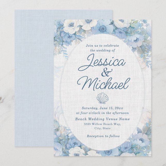 Invitation Mariage de plage côtière florale bleu blanc  (Devant / Derrière)