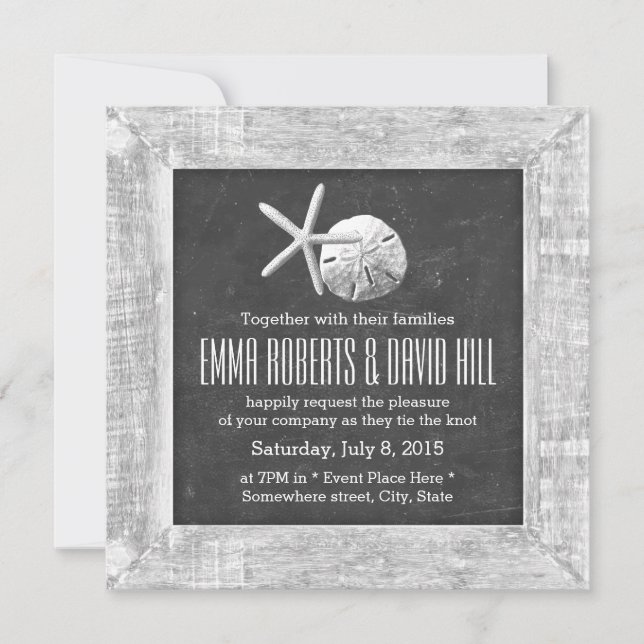 Invitation Mariage de plage de coquillages en bois rustique (Devant)