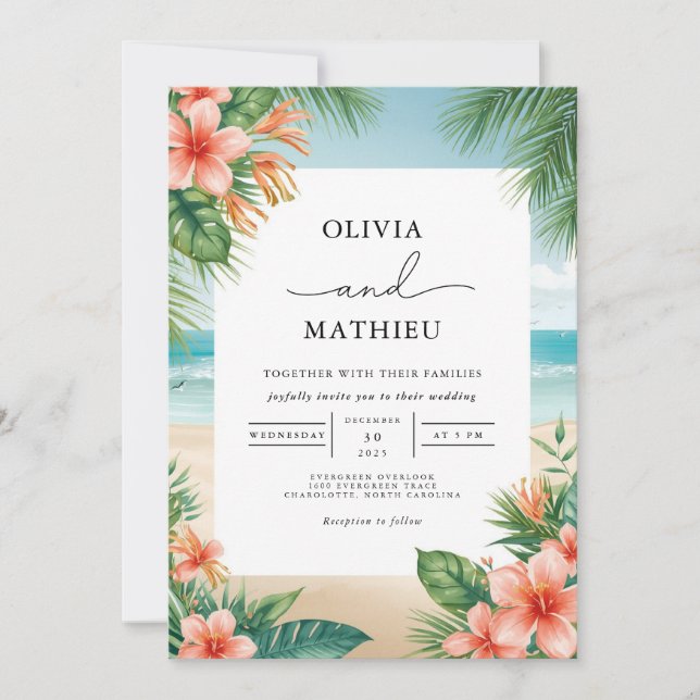 Invitation Mariage de plage de fleurs tropicales (Devant)