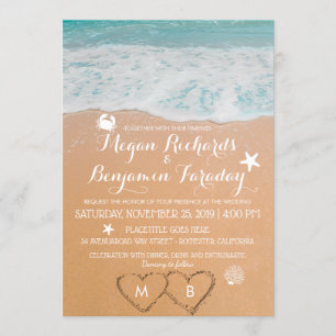 Invitation Mariage de plage d'été Cœurs Nom dans le sable