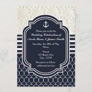 Invitation Mariage de plage élégant Nautique, marine et blanc