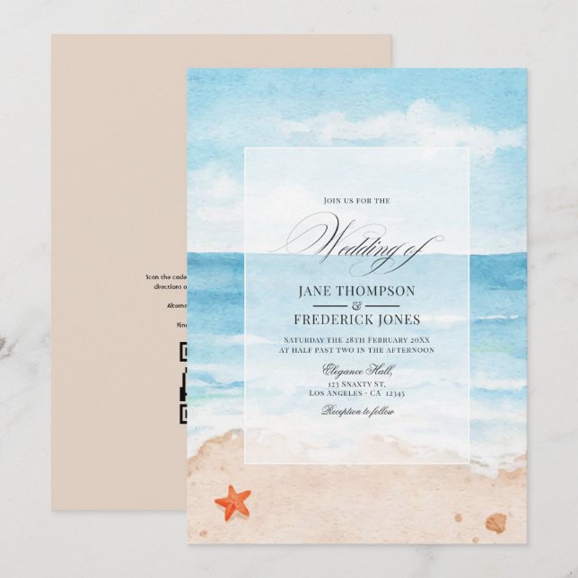 Invitation Mariage de plage en aquarelle été  QR Code RSVP (Devant / Derrière)