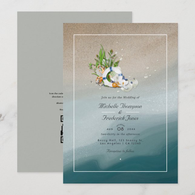 Invitation Mariage de plage en été avec QR Code pour RSVP (Devant / Derrière)