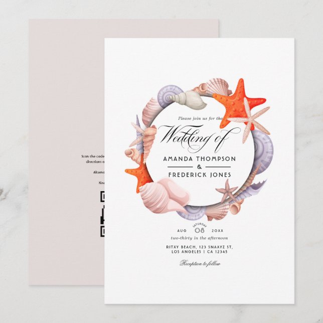 Invitation Mariage de plage en été avec QR Code RSVP (Devant / Derrière)