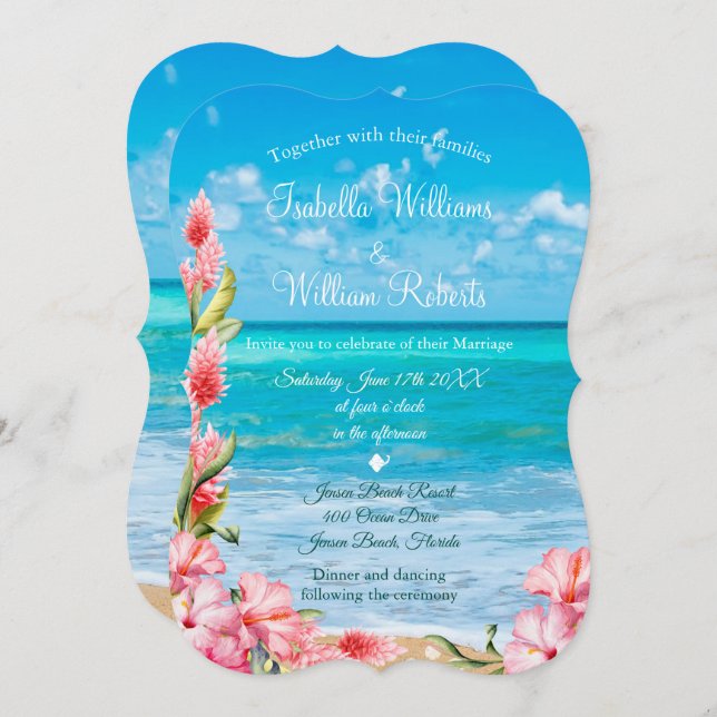 Invitation Mariage de plage fleurie tropicale (Devant / Derrière)