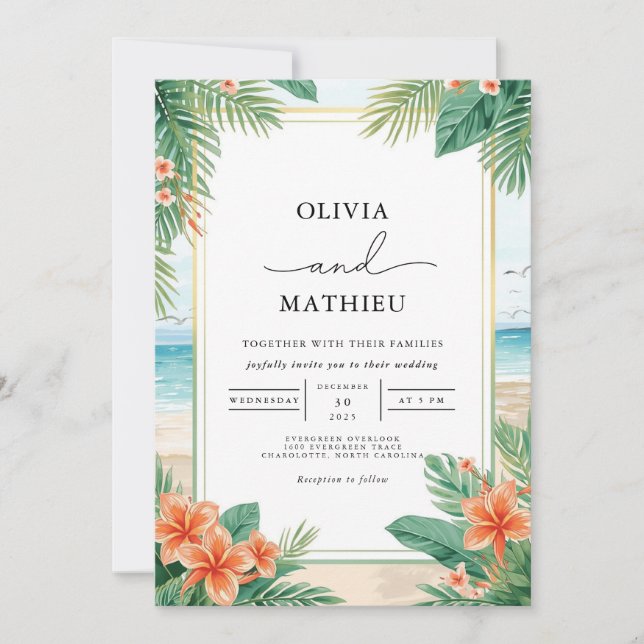 Invitation Mariage de plage fleurie tropicale (Devant)