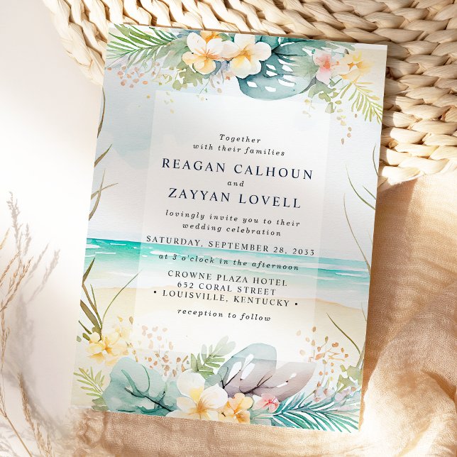 Invitation Mariage de plage floral à l'aquarelle sarcelle (Créateur téléchargé)
