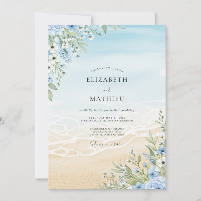 Invitation Mariage de plage floral bleu ciel (Devant)
