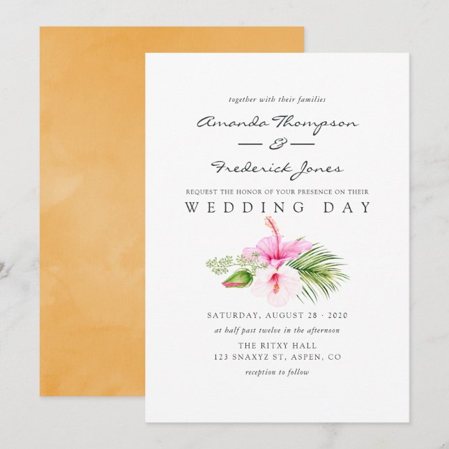 Invitation Mariage de plage floral tropical aquarelle (Devant / Derrière)