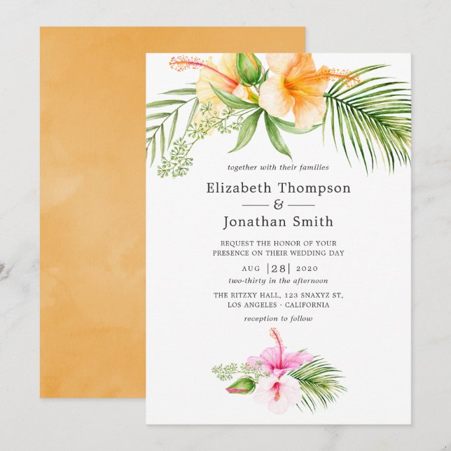 Invitation Mariage de plage florale tropicale à l'aquarelle (Devant / Derrière)