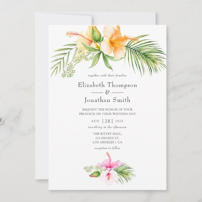 Invitation Mariage de plage florale tropicale à l'aquarelle (Devant)