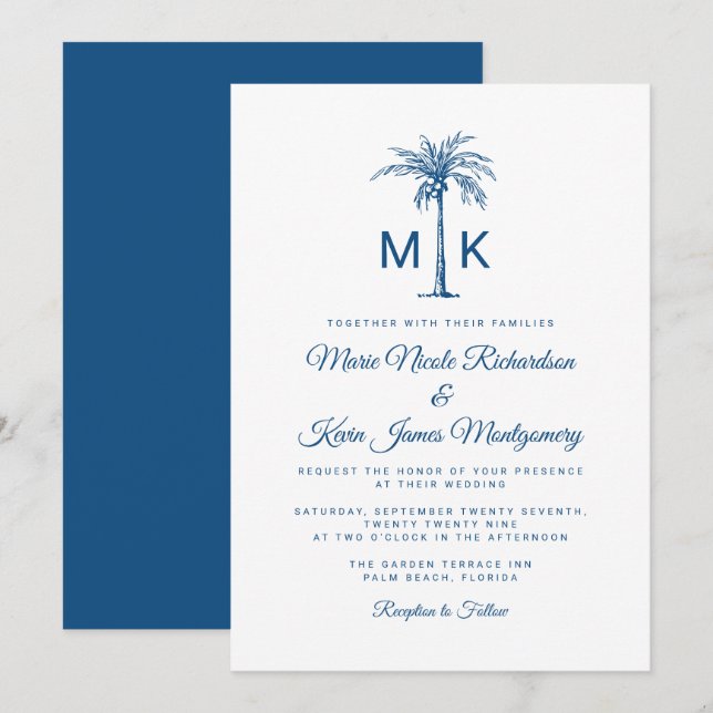 Invitation Mariage de plage formel avec palmier à monogramme  (Devant / Derrière)