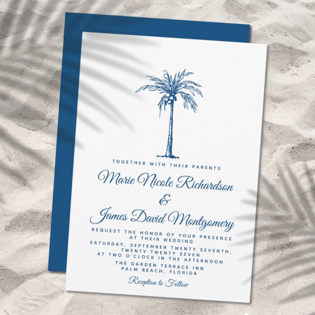 Invitation Mariage de plage formel élégant Blue Palm (Créateur téléchargé)