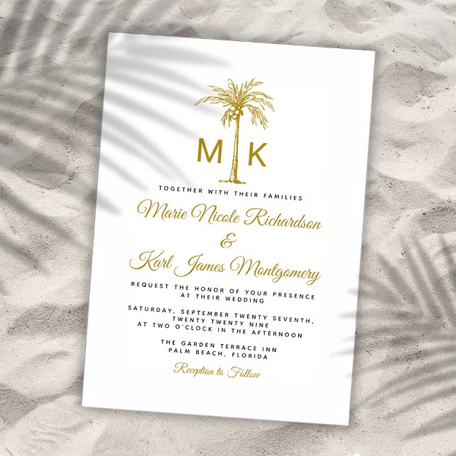 Invitation Mariage de plage formel Palmier en or Monogramme (Monogram Gold Palm Tree Formal Beach Wedding Invitation)