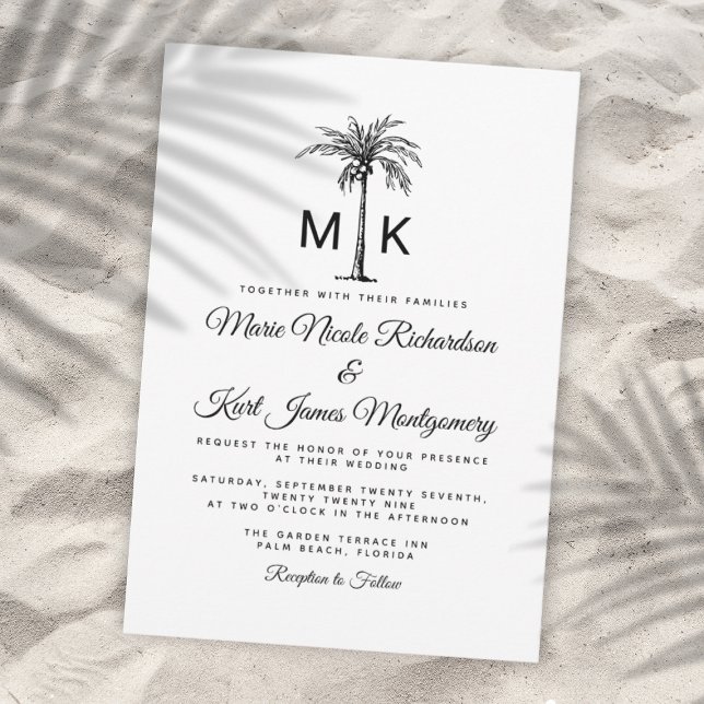 Invitation Mariage de plage formel Palmier tropical Monogramm (Monogram Tropical Palm Tree Formal Beach Wedding Invitation)