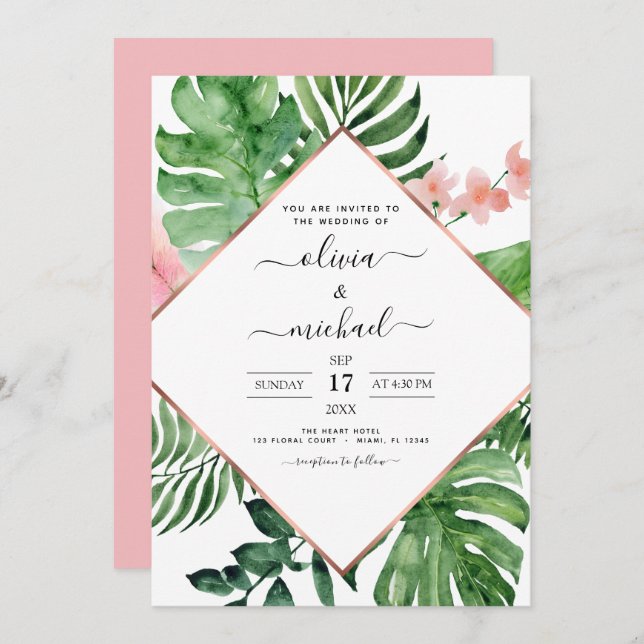 Invitation Mariage de plage géométrique de Palm tropical (Devant / Derrière)