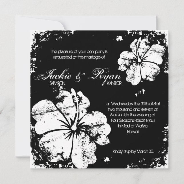 Invitation Mariage de plage Hibiscus noir et blanc (Devant)