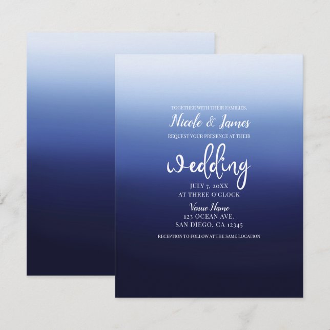 Invitation Mariage de plage minimal moderne bleu océan (Devant / Derrière)