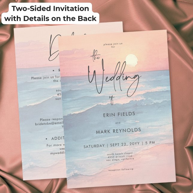 Invitation Mariage de plage moderne au coucher du soleil rect (Modern Ocean Sunset Beach Two Sided Wedding Invitation)