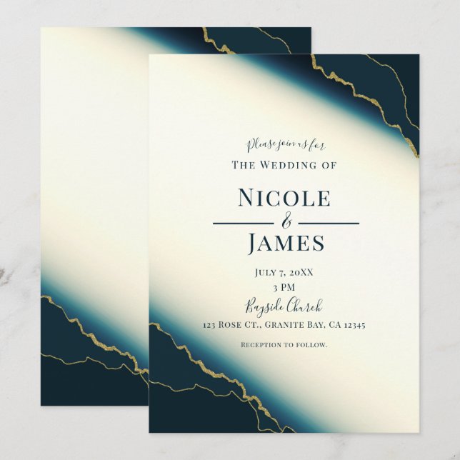 Invitation Mariage de plage moderne bleu marine et or (Devant / Derrière)