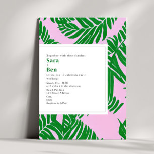 Invitation Mariage de plage moderne rose + vert Palm Tree