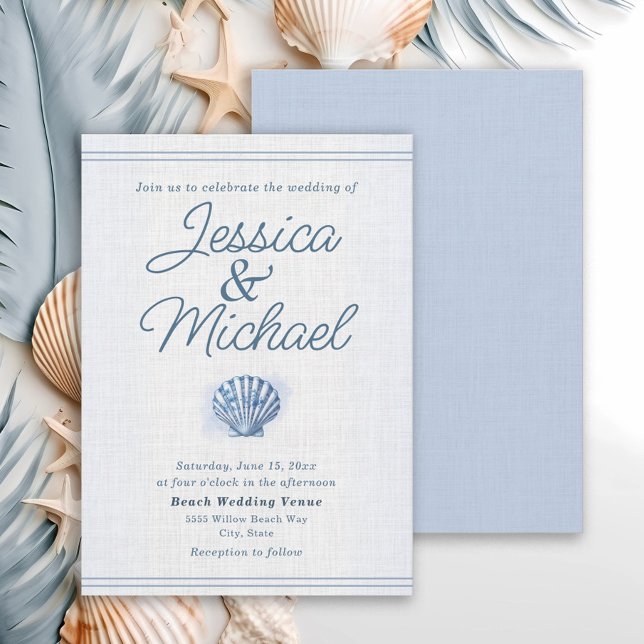Invitation Mariage de plage nautique coquillage bleu blanc (Blue and white seashell beach wedding invitation)