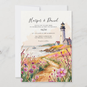 Invitation Mariage de plage nautique phare à l'aquarelle