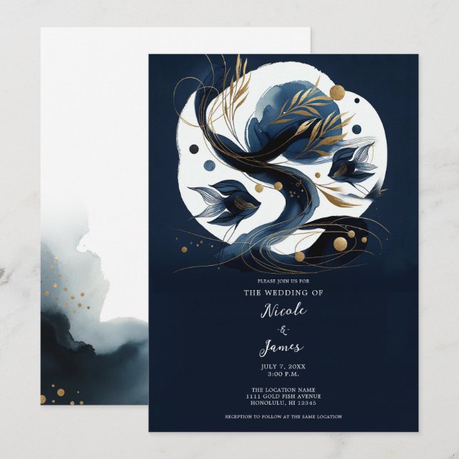 Invitation Mariage de plage Poisson Doré et Bleu de Nuit (Devant / Derrière)