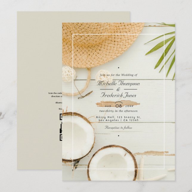 Invitation Mariage de plage QR Code RSVP Eté Rustique (Devant / Derrière)