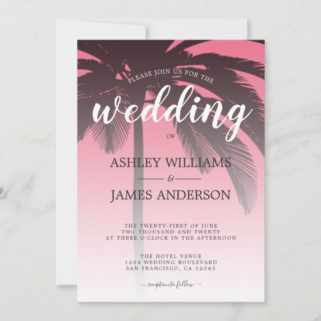 Invitation Mariage de plage rose de palmier tropical (Devant)
