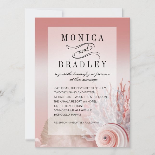 Invitation Mariage de plage rose vif Faux Vellum Overlay (Devant)