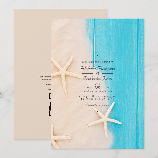 Invitation Mariage de plage rustique en été, QR Code RSVP (Devant / Derrière)