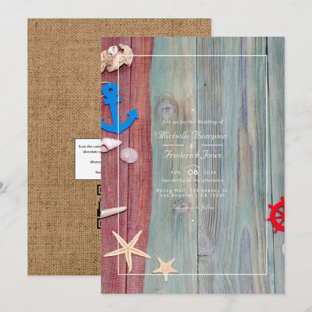 Invitation Mariage de plage rustique nautique avec QR Code de (Devant / Derrière)