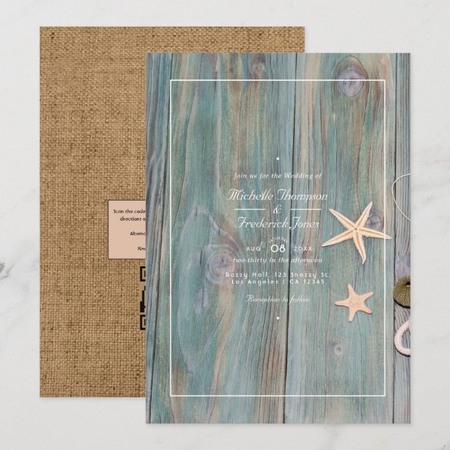 Invitation Mariage de plage rustique nautique avec QR Code RS (Devant / Derrière)