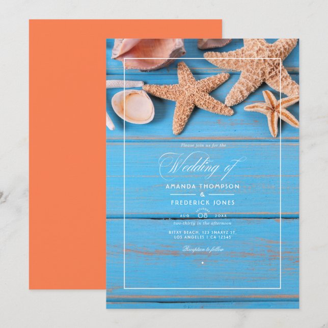 Invitation Mariage de plage rustique turquoise et corail (Devant / Derrière)