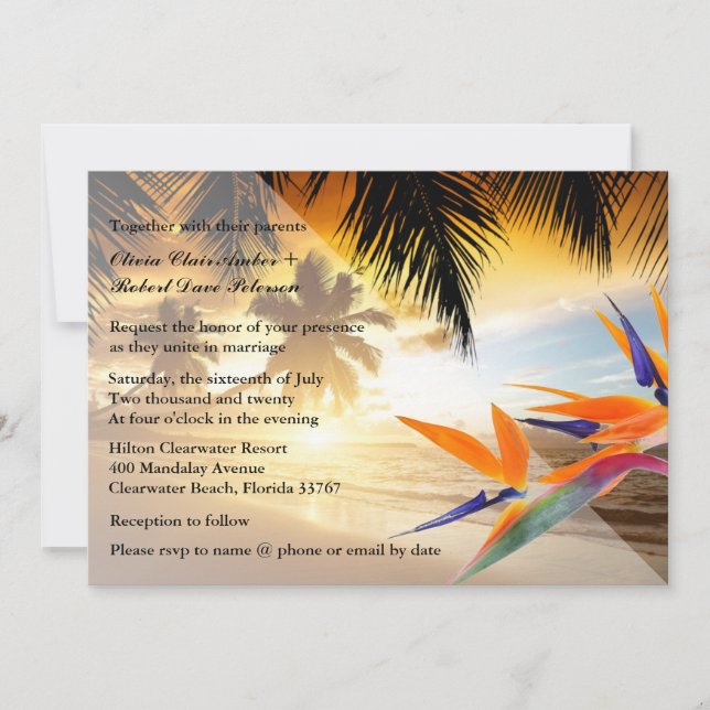 Invitation Mariage de plage Sunset Palm Trees Bird of Paradis (Devant)