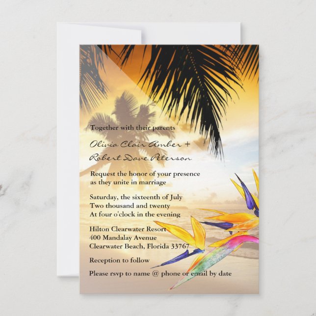 Invitation Mariage de plage Sunset Palm Trees Bird of Paradis (Devant)