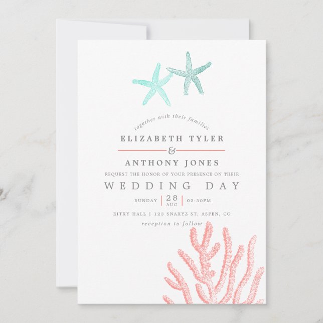 Invitation Mariage de plage sur le thème Turquoise et Corail (Devant)