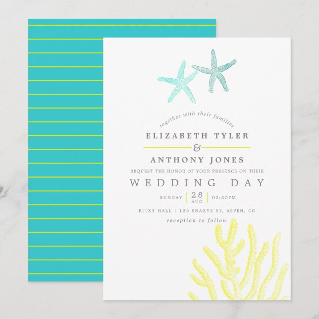 Invitation Mariage de plage sur le thème turquoise et jaune (Devant / Derrière)