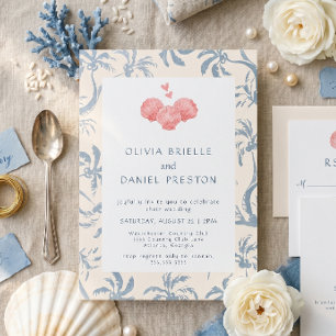 Invitation Mariage de plage Toile Bleue Coquillages Roses