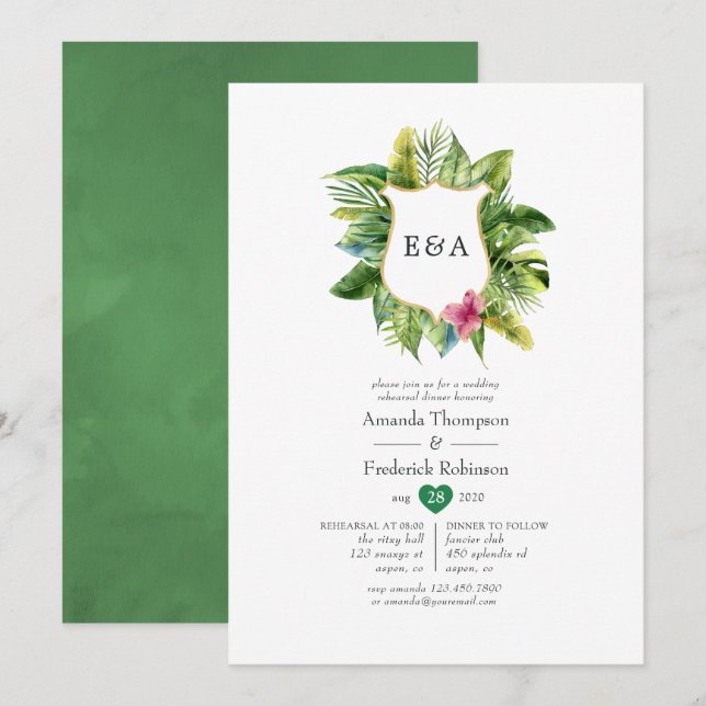 Invitation Mariage de plage tropical d'été Monogramme Aquarel (Devant / Derrière)