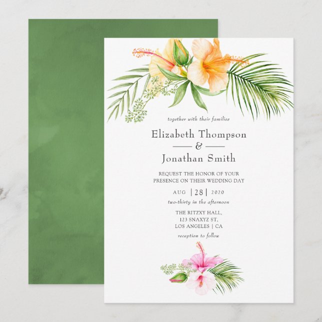 Invitation Mariage de plage tropical floral aquarelle (Devant / Derrière)