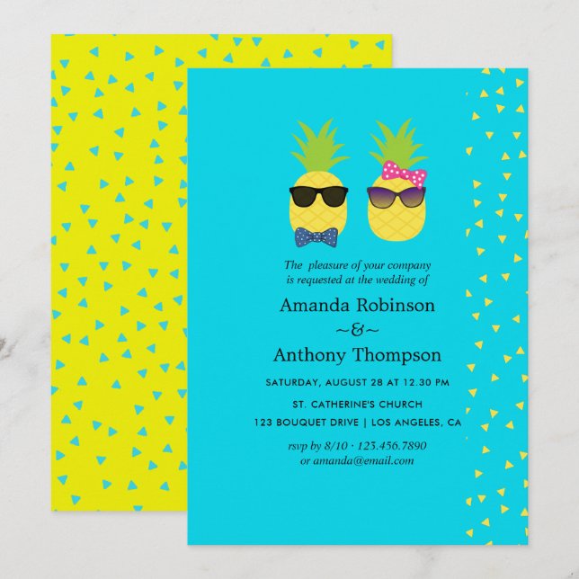 Invitation Mariage de plage tropical turquoise et jaune en ét (Devant / Derrière)
