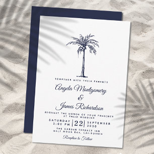 Invitation Mariage de plage tropicale avec palmier bleu marin