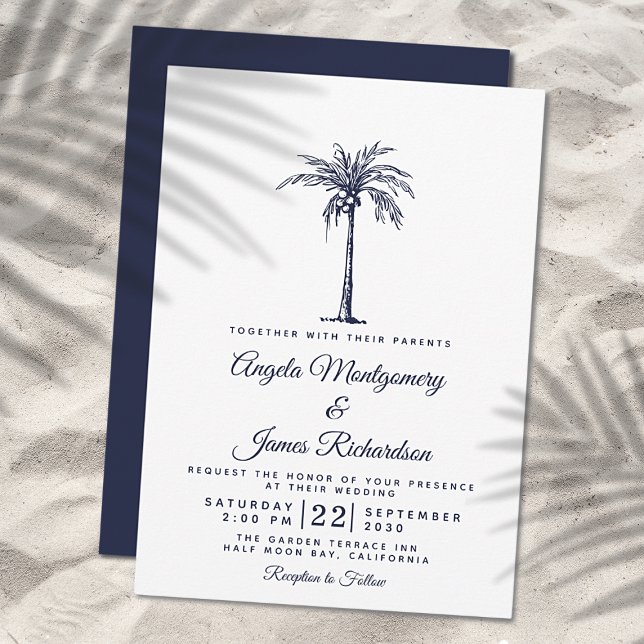Invitation Mariage de plage tropicale avec palmier bleu marin (Créateur téléchargé)
