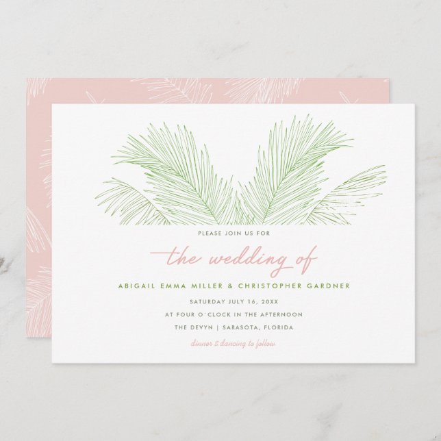 Invitation Mariage de plage tropicale Feuille rose et verte (Devant / Derrière)