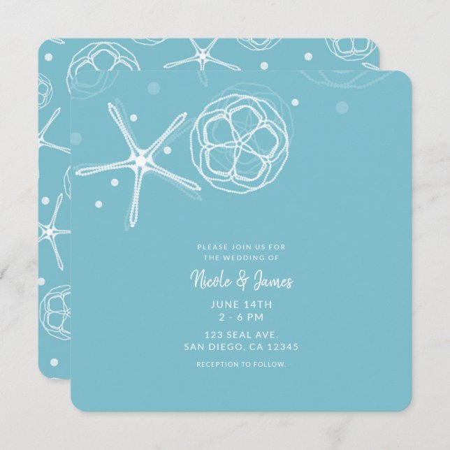 Invitation Mariage de plage Turquoise et blanche Elegant Star (Devant / Derrière)