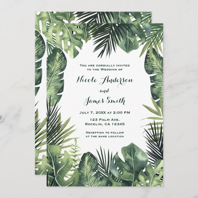 Invitation Mariage de plantes tropicales botaniques aux feuil (Devant / Derrière)
