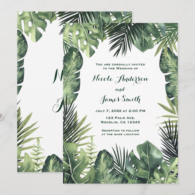 Invitation Mariage de plantes tropicales botaniques de feuill (Devant / Derrière)