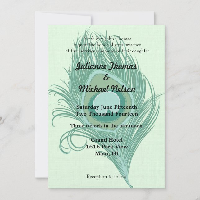 Invitation Mariage de plume Peacock Mint (Devant)